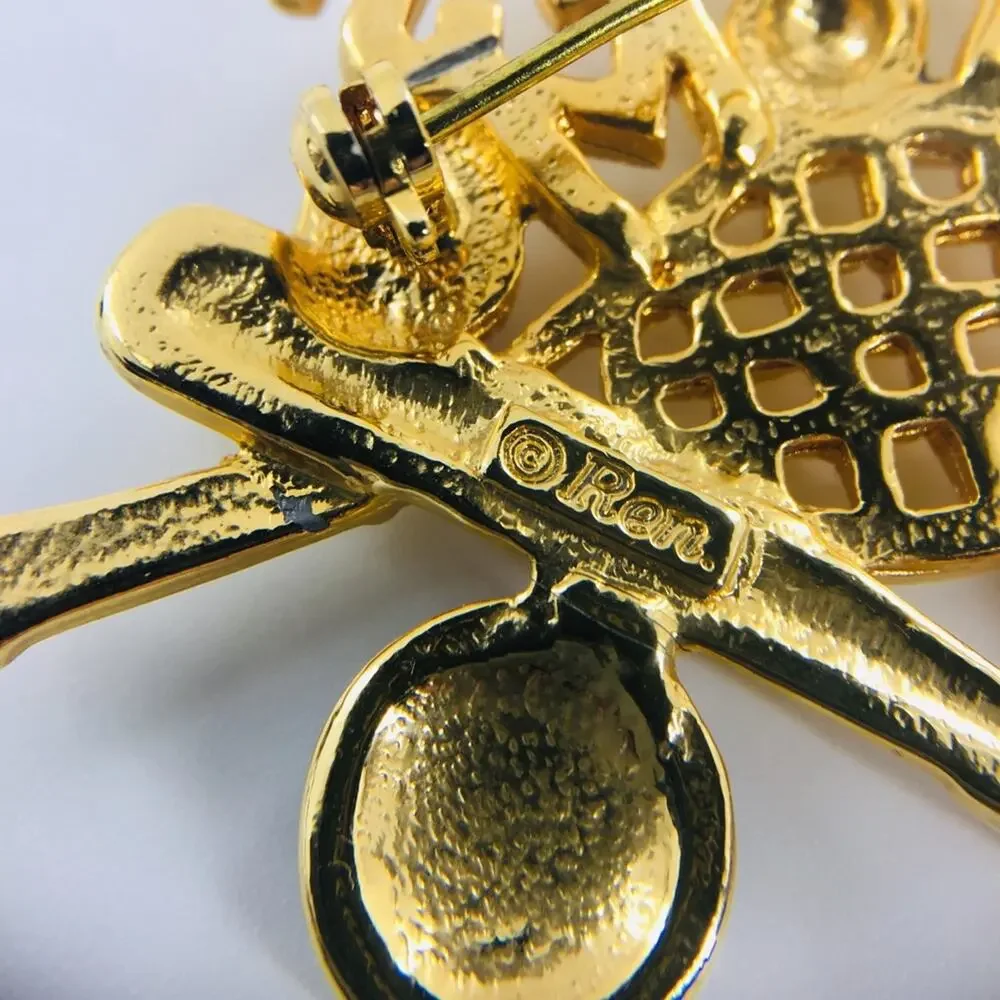 Vintage Ren Sports Mom Brooch Gold Tone Tennis Baseball Football Pin